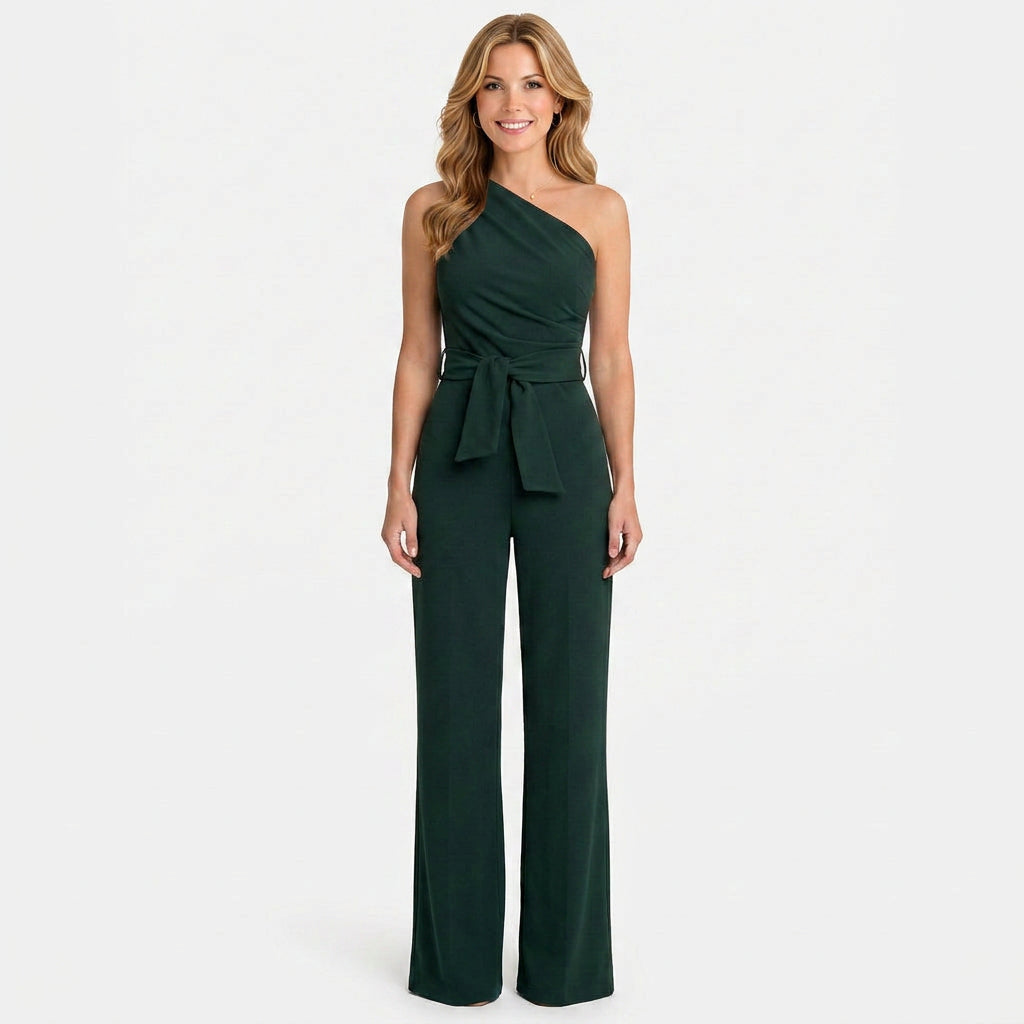 One Shoulder Jumpsuit – Tie Waist Wide Leg Style