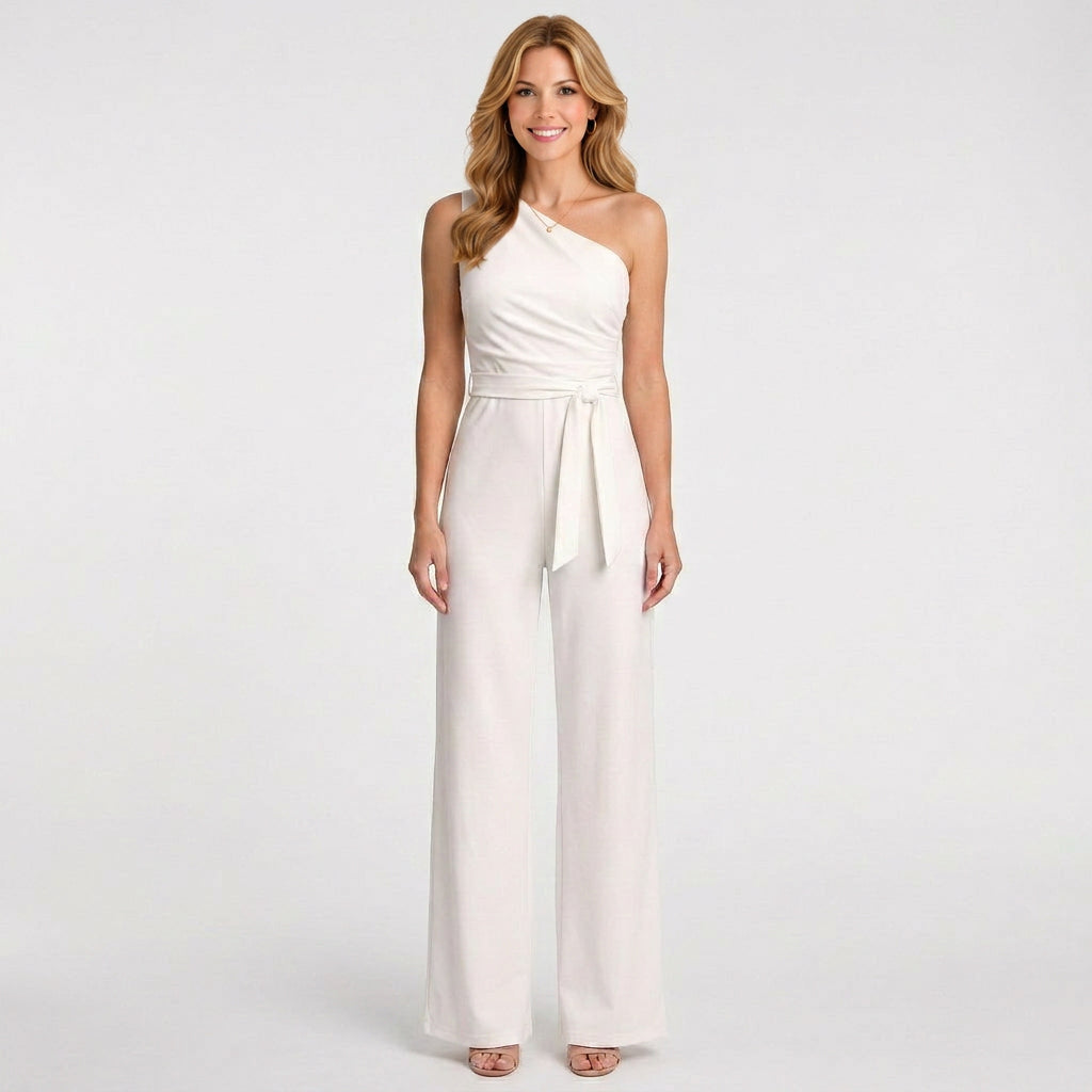 One Shoulder Jumpsuit – Tie Waist Wide Leg Style