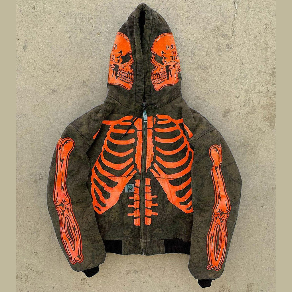 Veste zippée à capuche pour homme, imprimé squelette, style streetwear