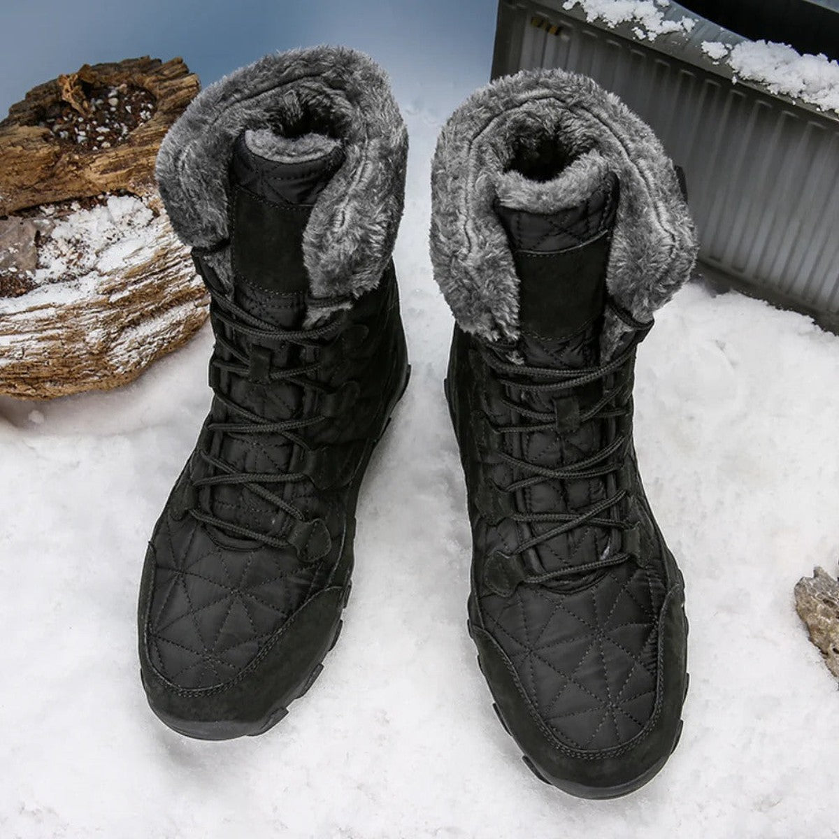 Men's Faux Fur Trim Quilted Snow Boots