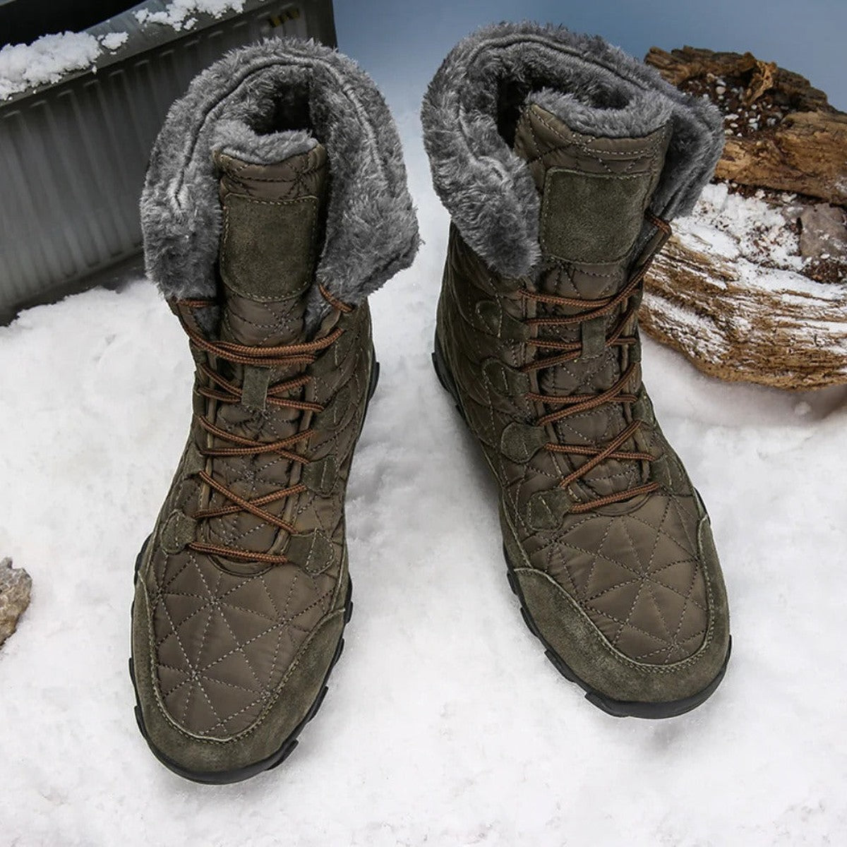 Men's Faux Fur Trim Quilted Snow Boots