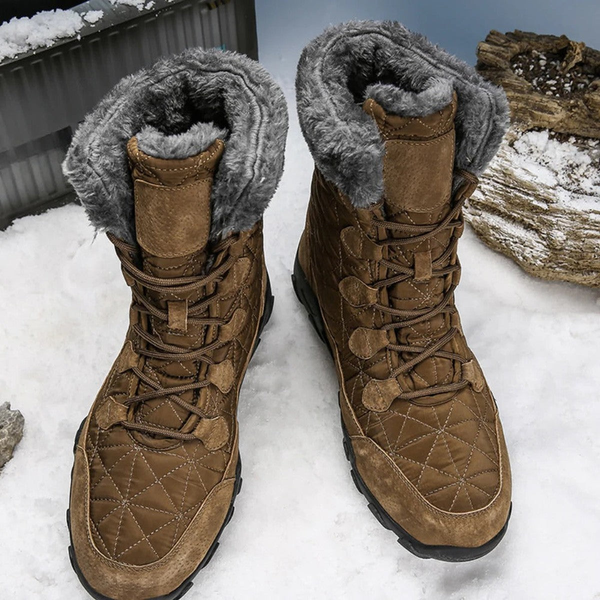Men's Faux Fur Trim Quilted Snow Boots