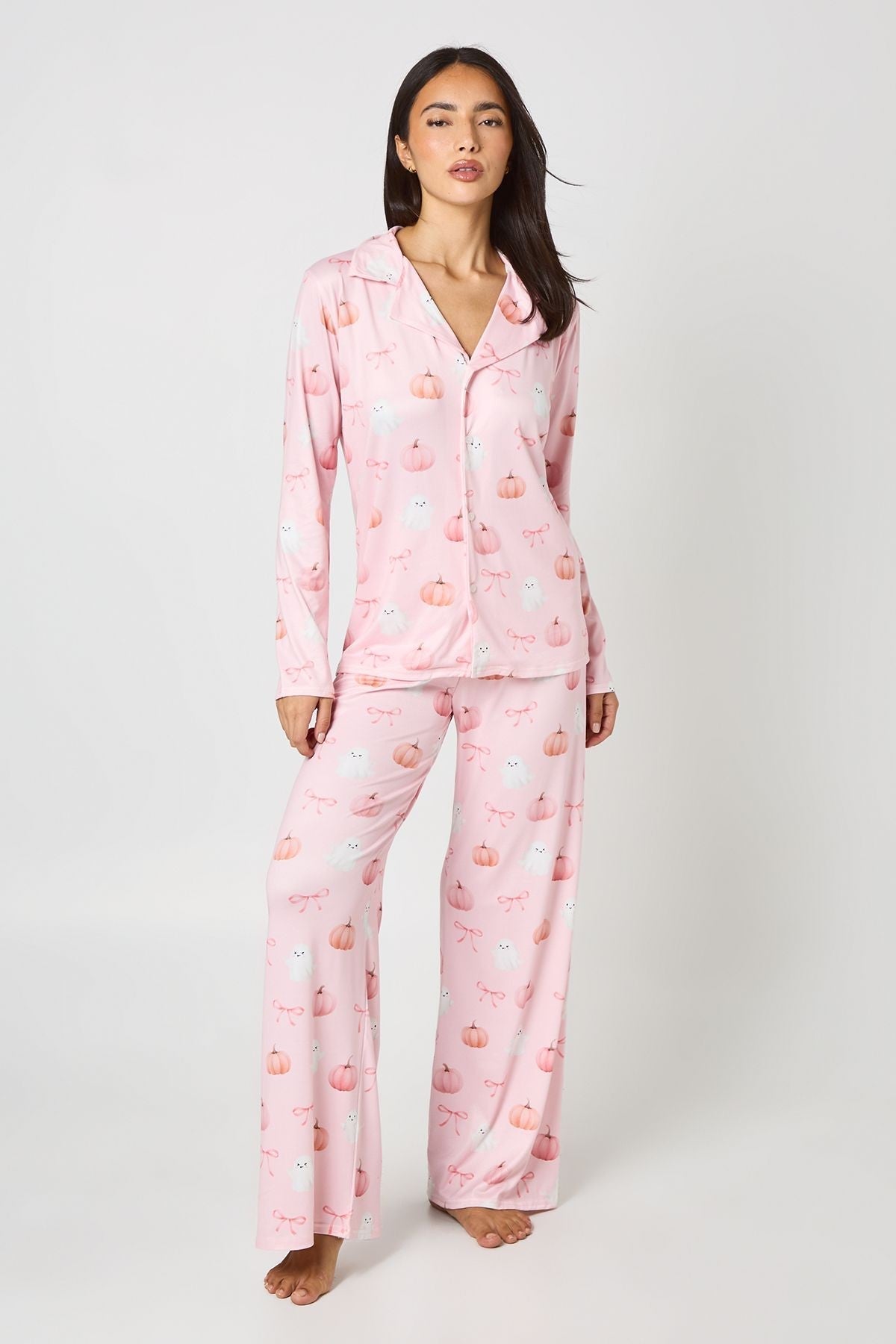 Women's Ghost and Pumpkin Print Pyjama Set with Bows