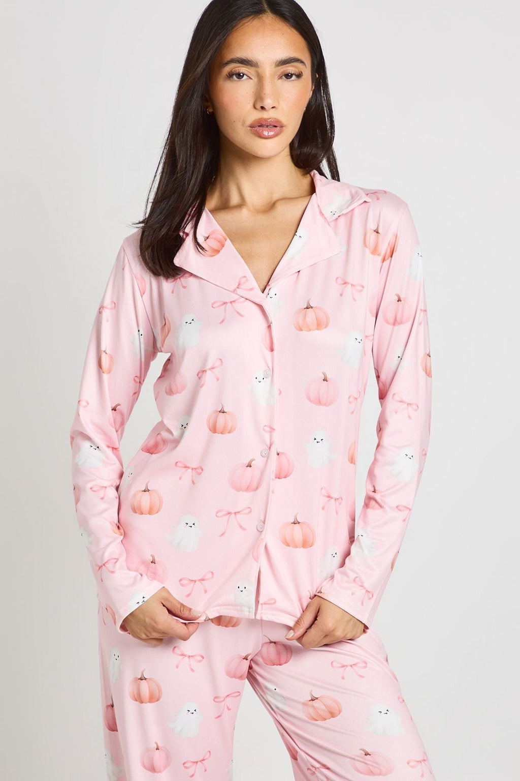 Women's Ghost and Pumpkin Print Pyjama Set with Bows
