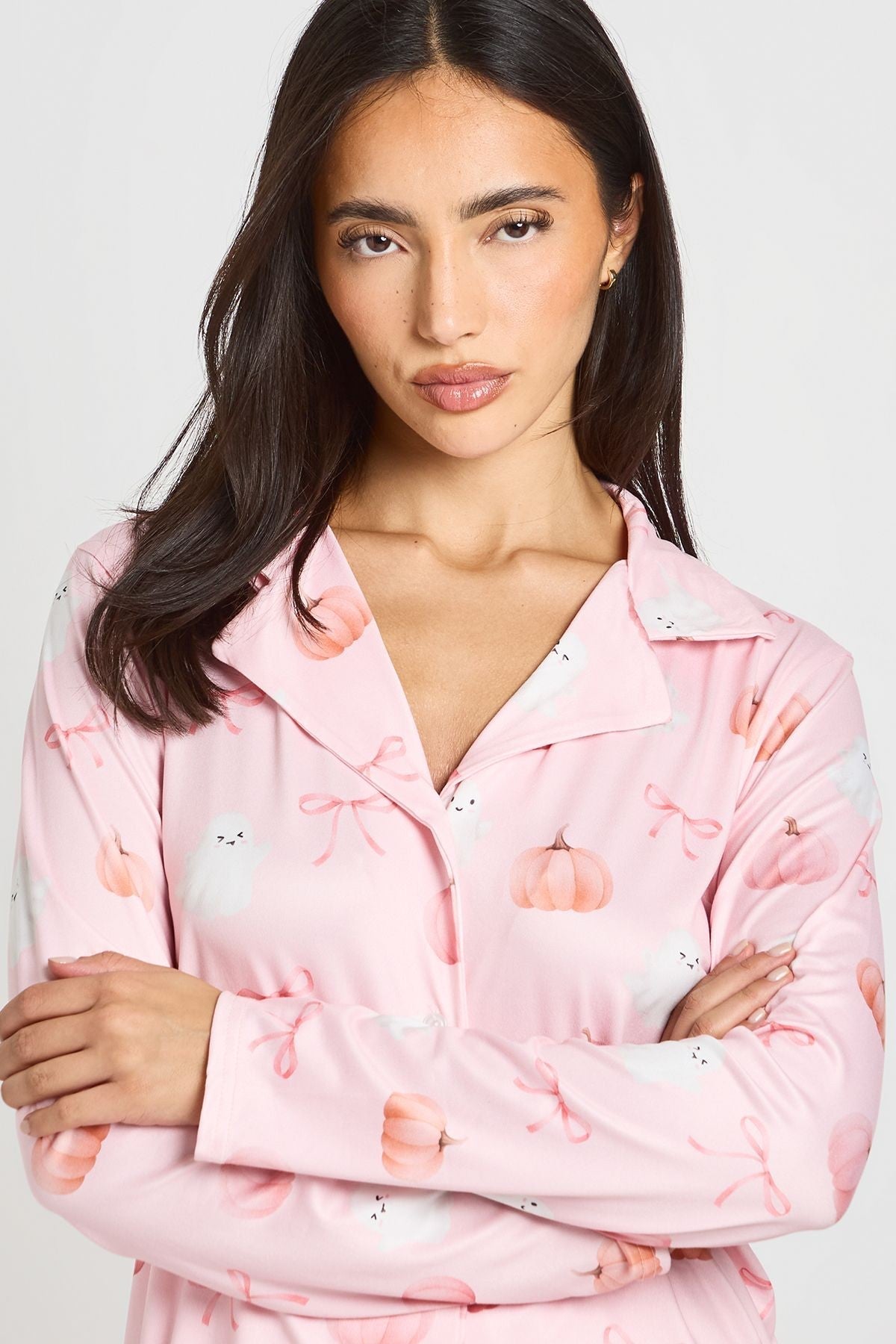 Women's Ghost and Pumpkin Print Pyjama Set with Bows