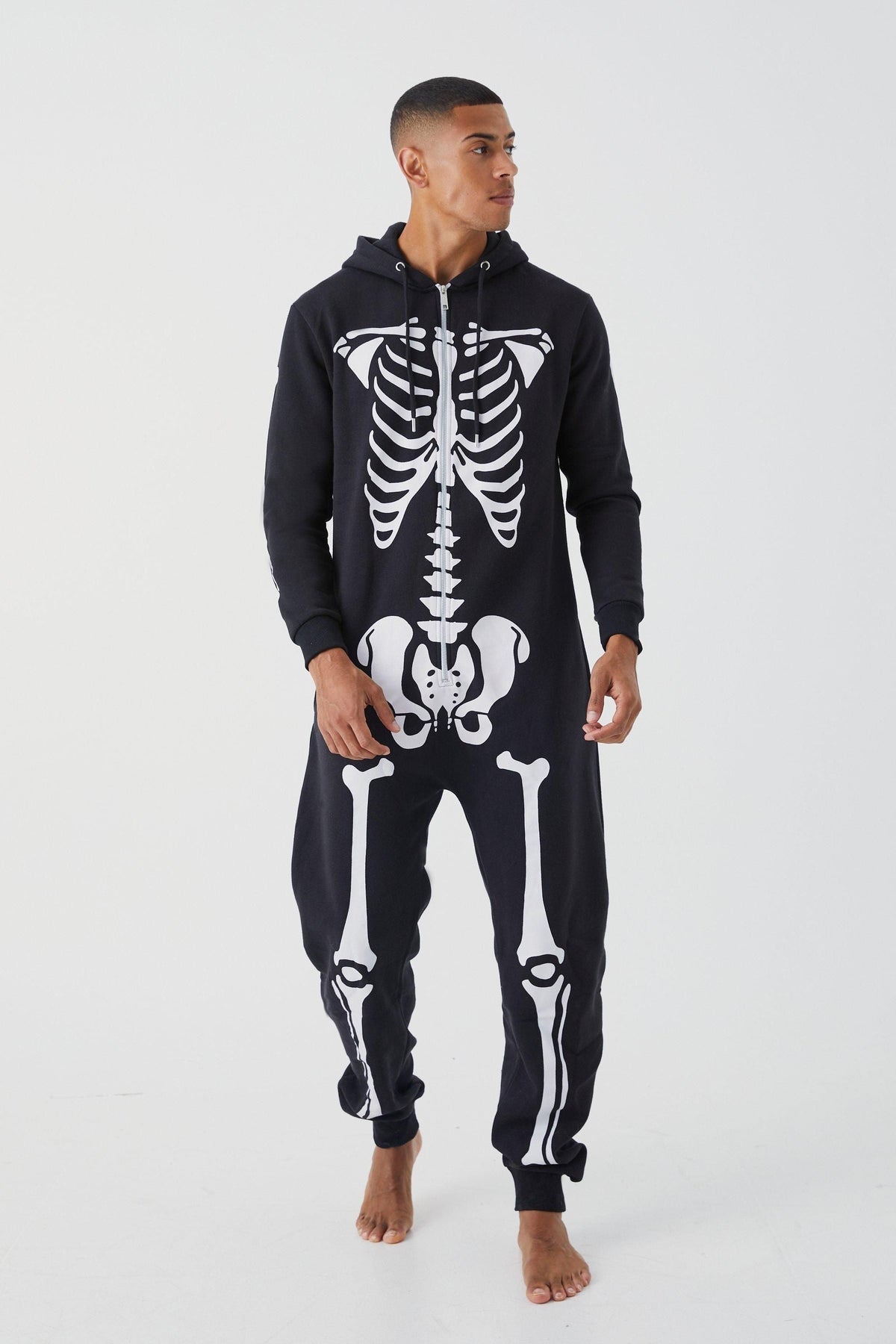 Men's Halloween Skeleton Print Hooded Onesie