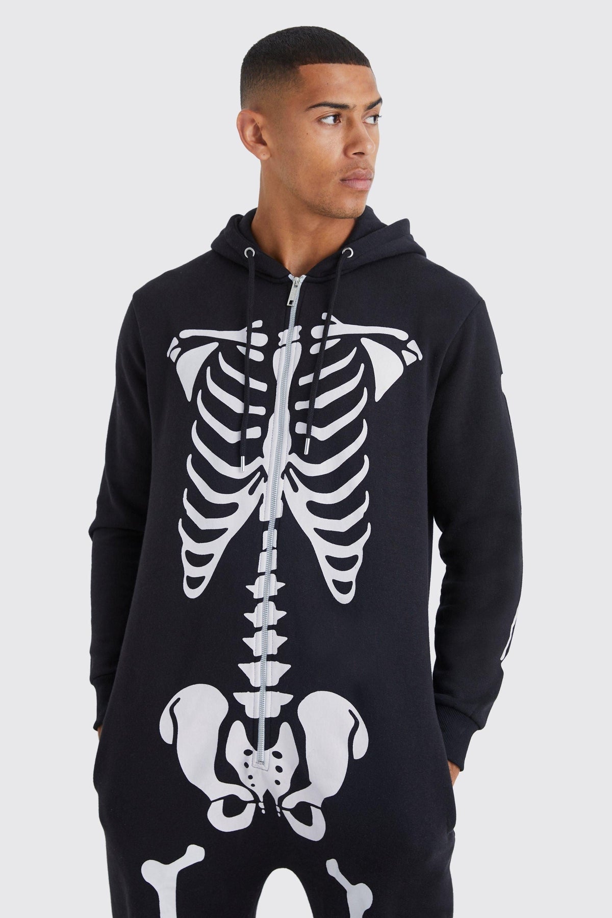 Men's Halloween Skeleton Print Hooded Onesie