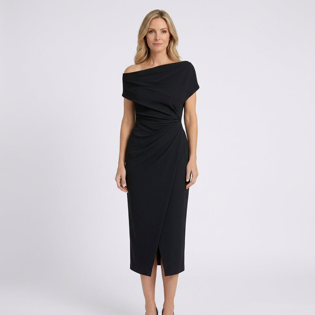 Off Shoulder Midi Dress – Ruched Waist Occasion Style