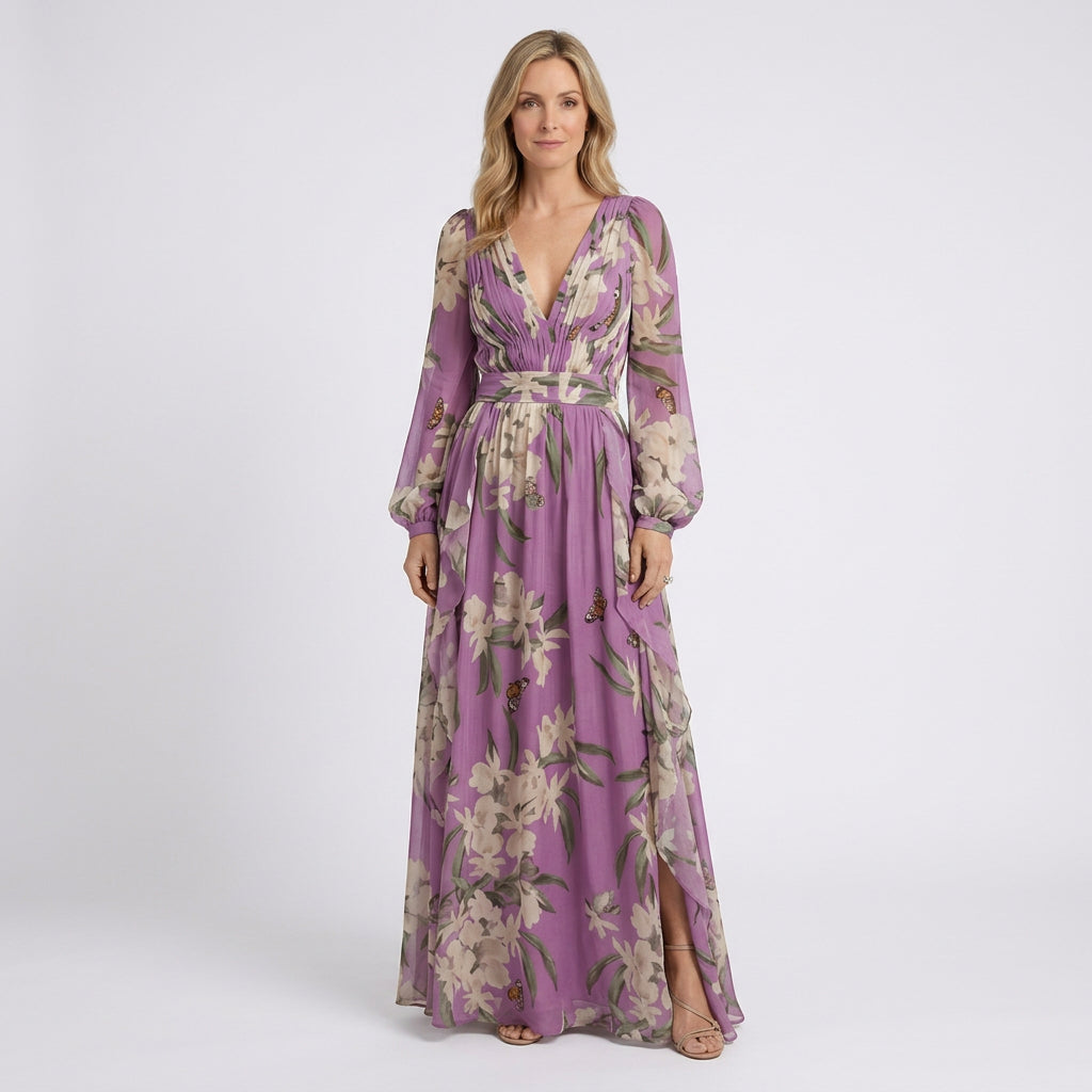 Floral Maxi Dress – V-Neck Long Sleeve Occasion Style