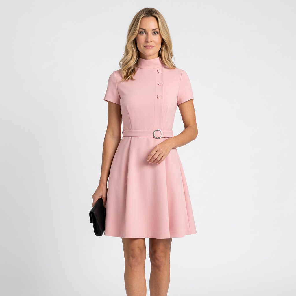 Belted Mini Dress – High Neck Short Sleeve Style