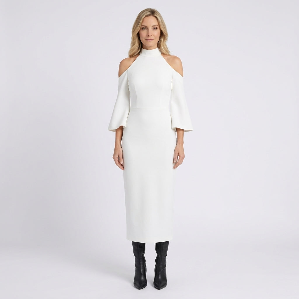 Cold Shoulder Midi Dress – High Neck Flared Sleeve Style