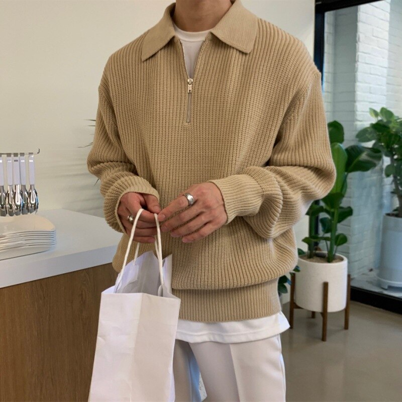 Men’s Ribbed Knit Half Zip Polo Collar Sweater