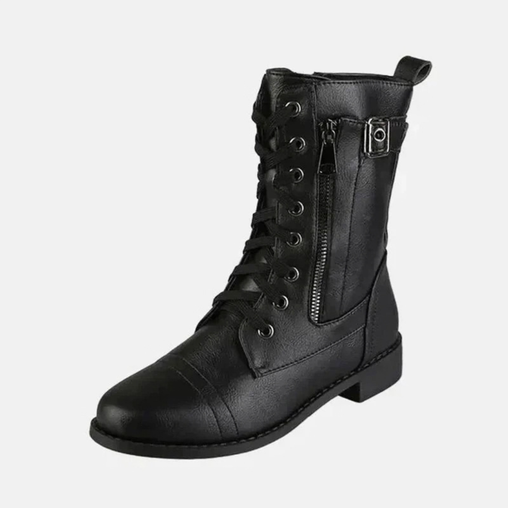 Women's lace-up combat boots with side zippers and buckle straps