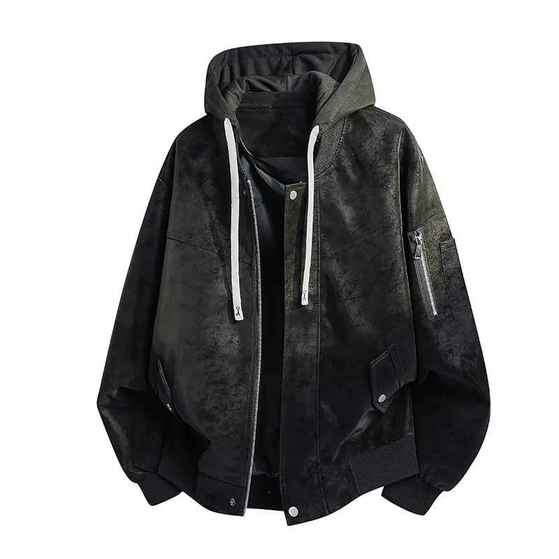 Men's Layered Hood Washed-Effect Bomber Jacket