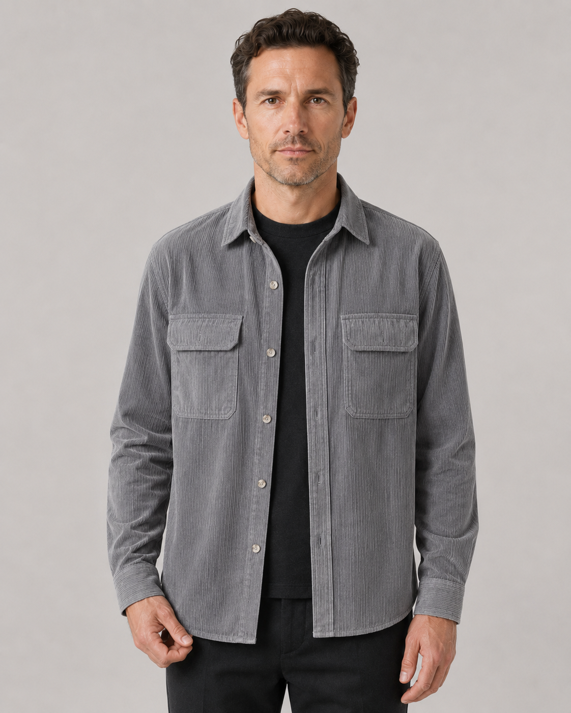 Men's long-sleeve ribbed overshirt with pointed collar and two flap pockets