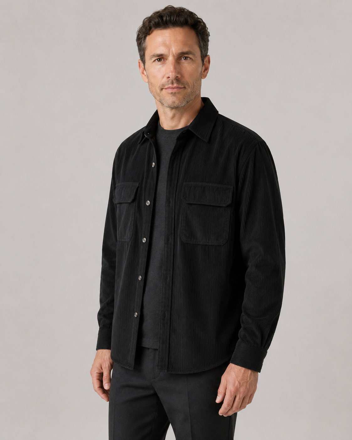 Men's long-sleeve ribbed overshirt with pointed collar and two flap pockets