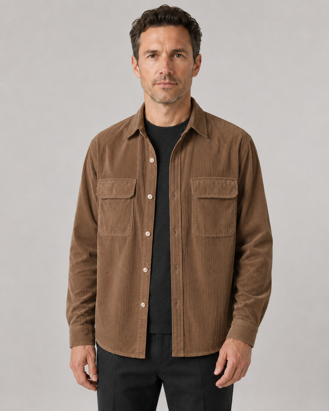 Men's long-sleeve ribbed overshirt with pointed collar and two flap pockets