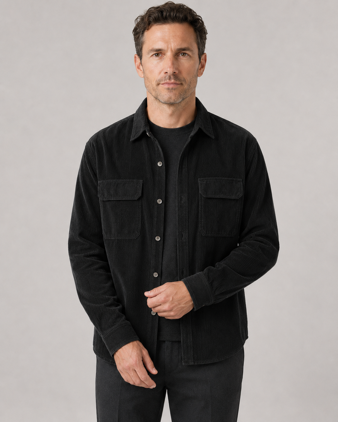 Men's long-sleeve ribbed overshirt with pointed collar and two flap pockets