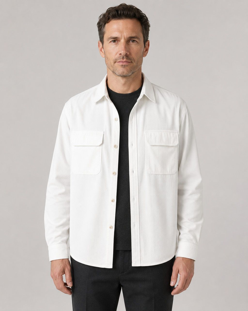 Men's long-sleeve ribbed overshirt with pointed collar and two flap pockets