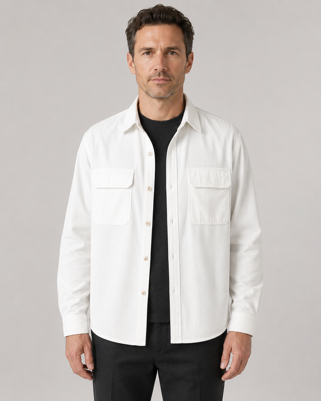 Men's long-sleeve ribbed overshirt with pointed collar and two flap pockets