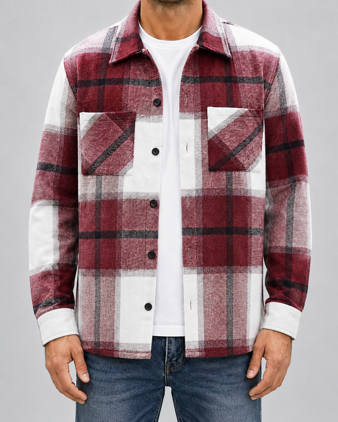 Men's plaid button-up overshirt with long sleeves and two chest patch pockets
