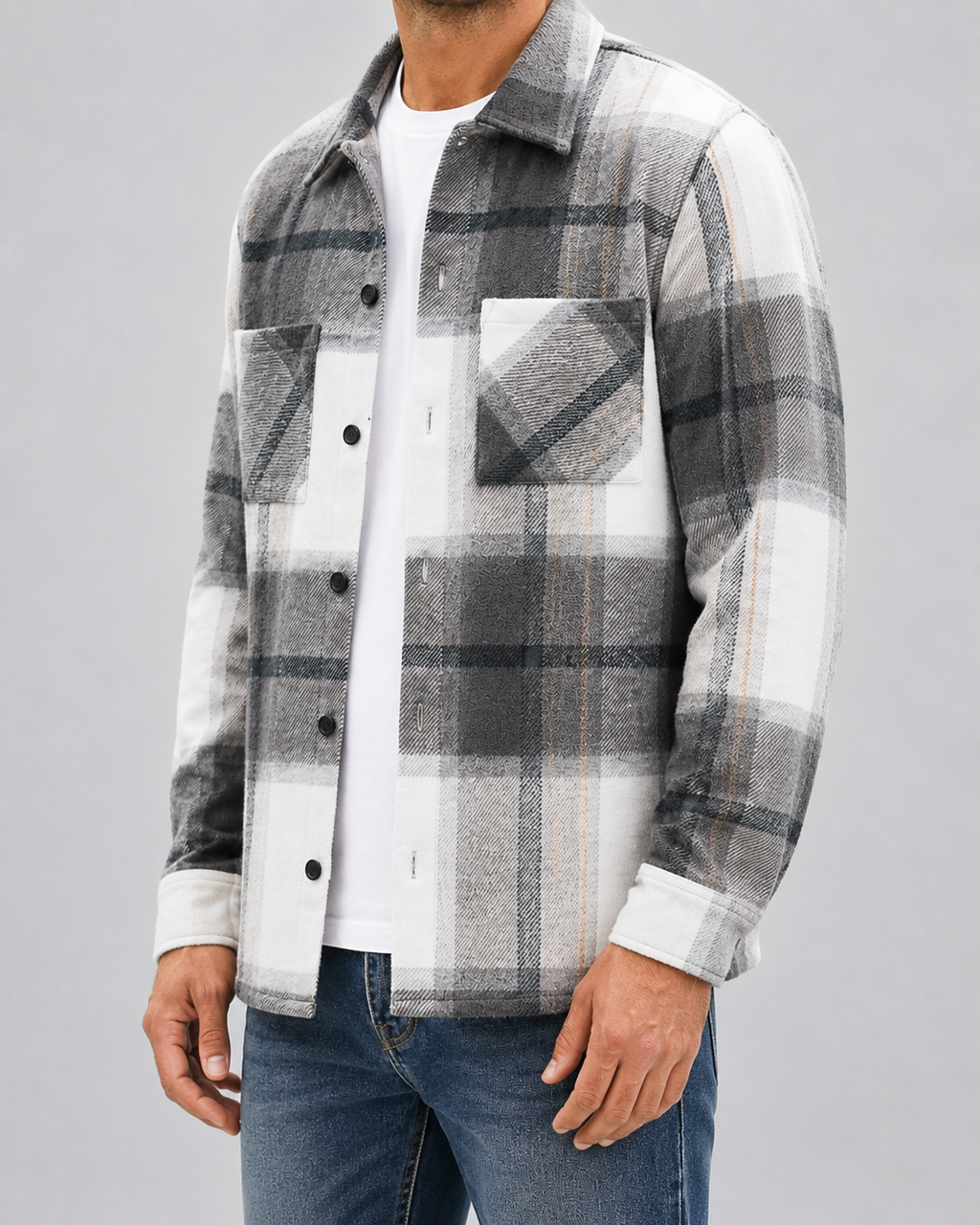 Men's plaid button-up overshirt with long sleeves and two chest patch pockets