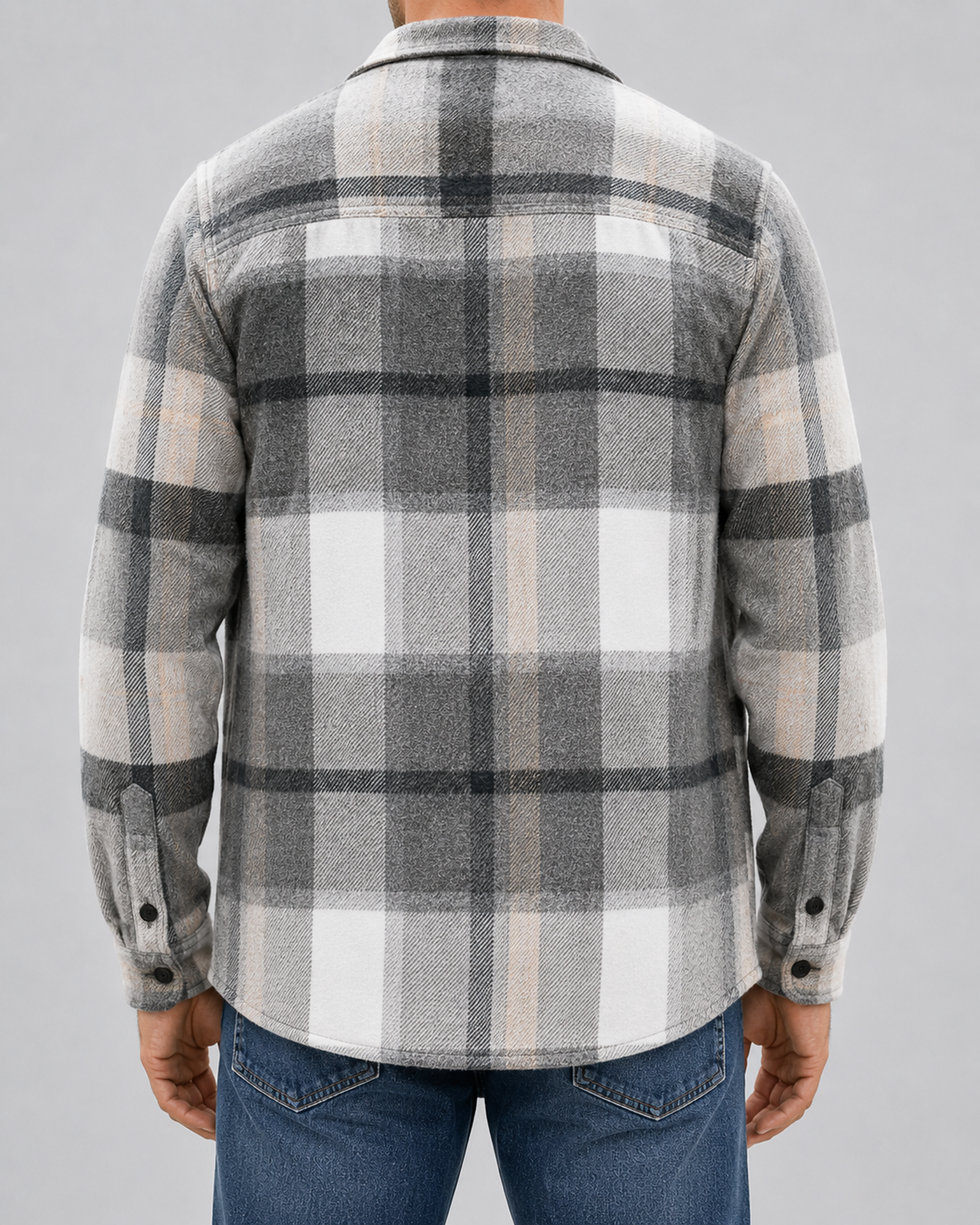 Men's plaid button-up overshirt with long sleeves and two chest patch pockets