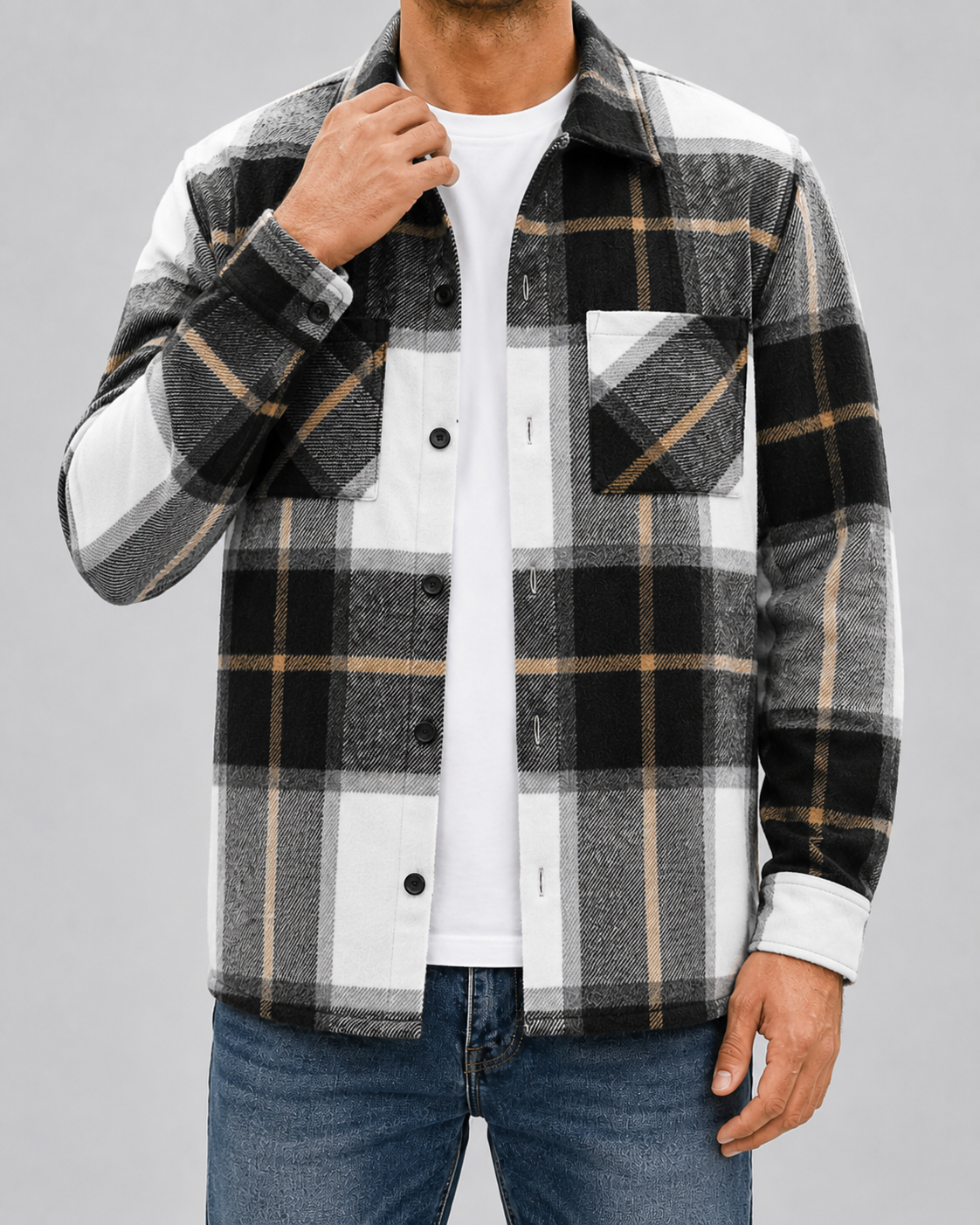 Men's plaid button-up overshirt with long sleeves and two chest patch pockets