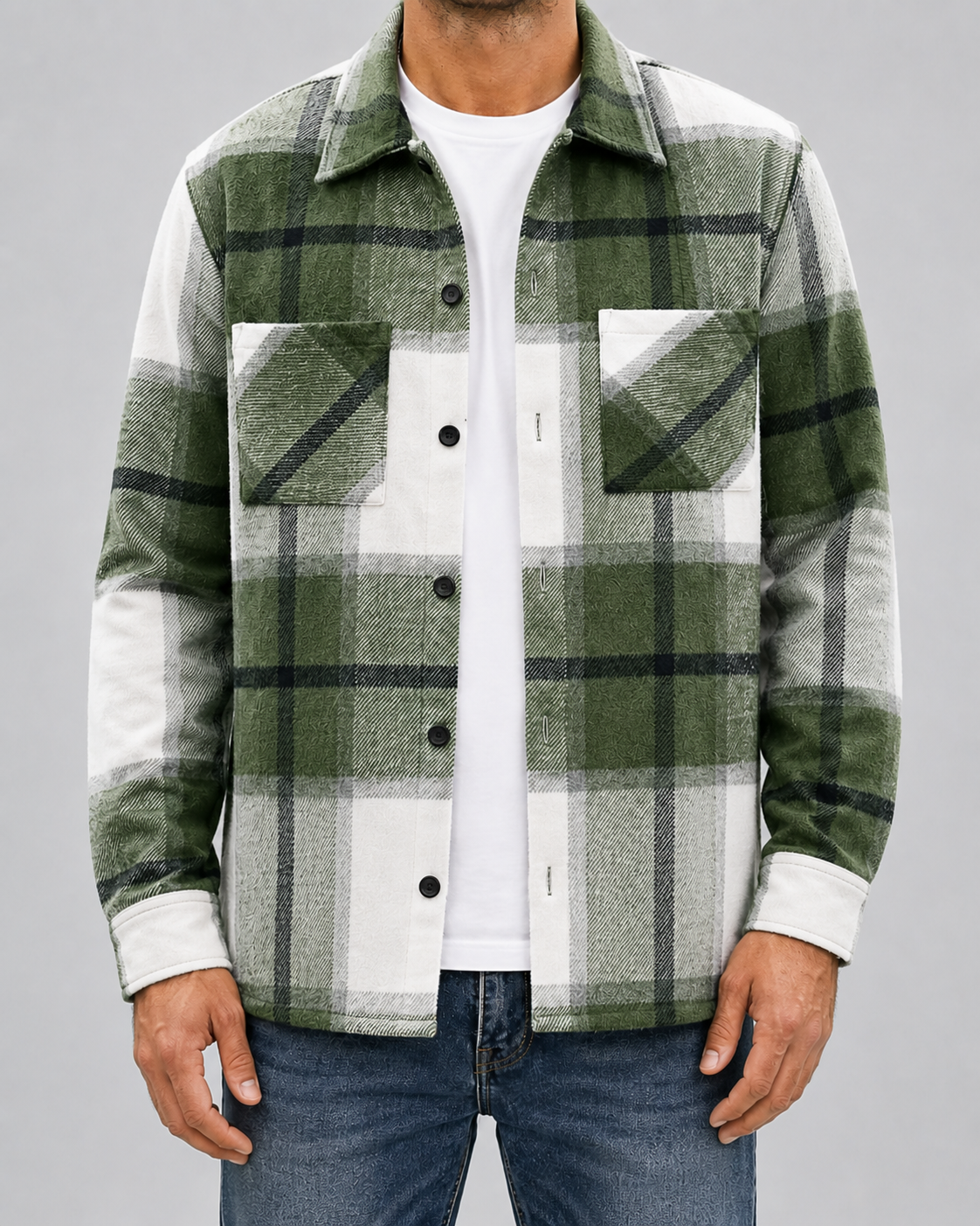 Men's plaid button-up overshirt with long sleeves and two chest patch pockets