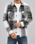 Men's plaid button-up overshirt with long sleeves and two chest patch pockets
