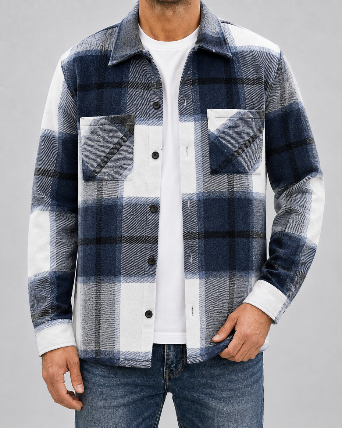 Men's plaid button-up overshirt with long sleeves and two chest patch pockets