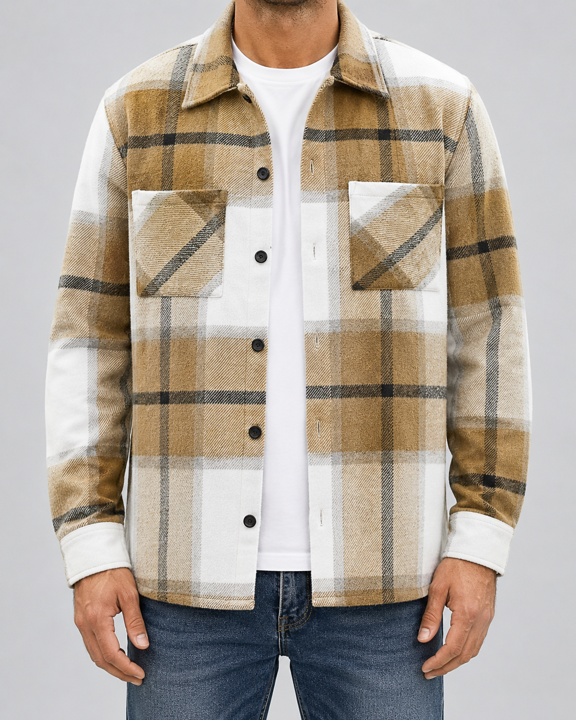 Men's plaid button-up overshirt with long sleeves and two chest patch pockets