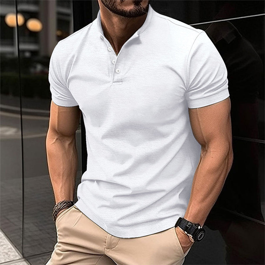 Men's short sleeve textured Henley shirt with band collar and button placket