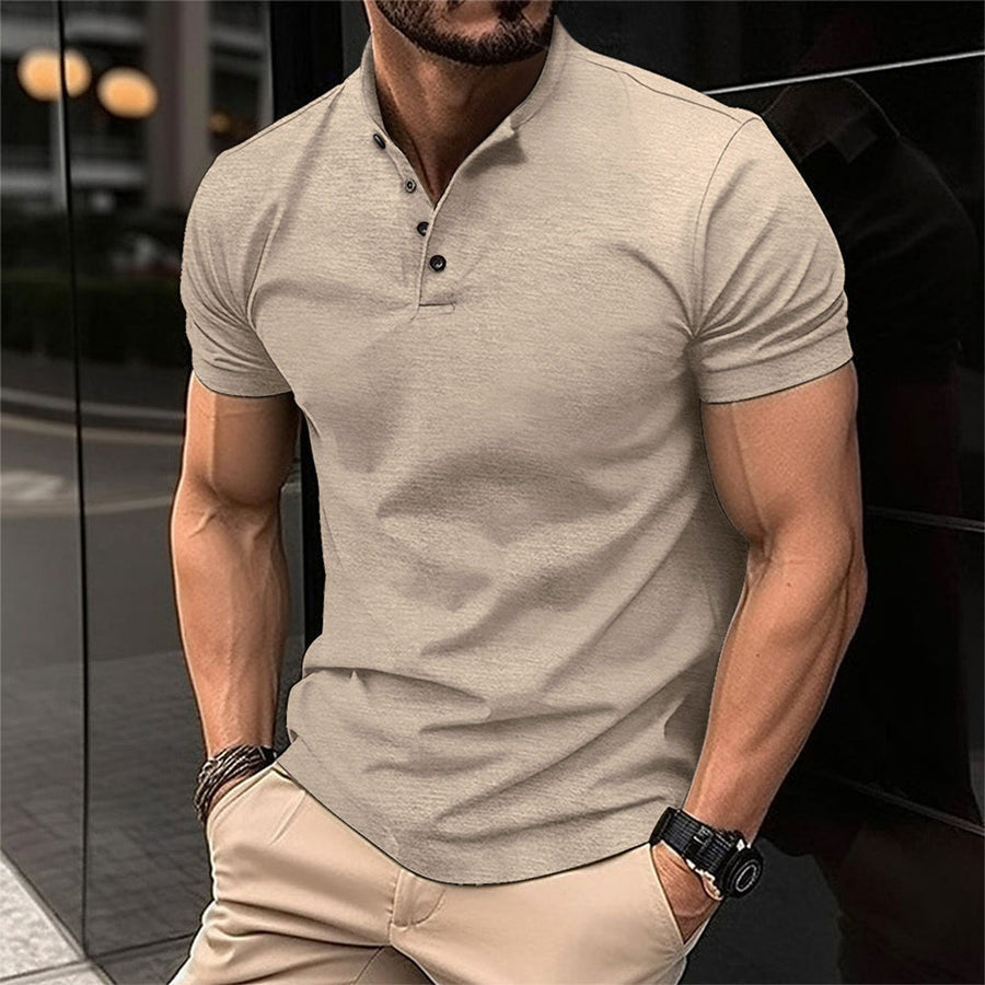 Men's short sleeve textured Henley shirt with band collar and button placket