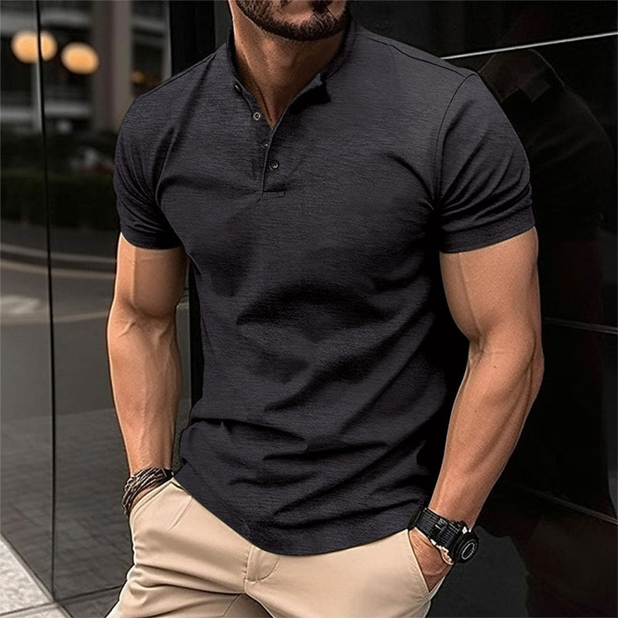 Men's short sleeve textured Henley shirt with band collar and button placket