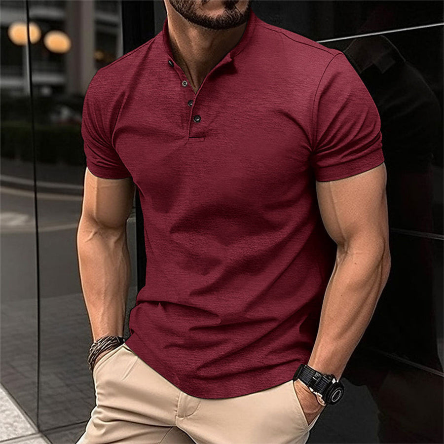 Men's short sleeve textured Henley shirt with band collar and button placket