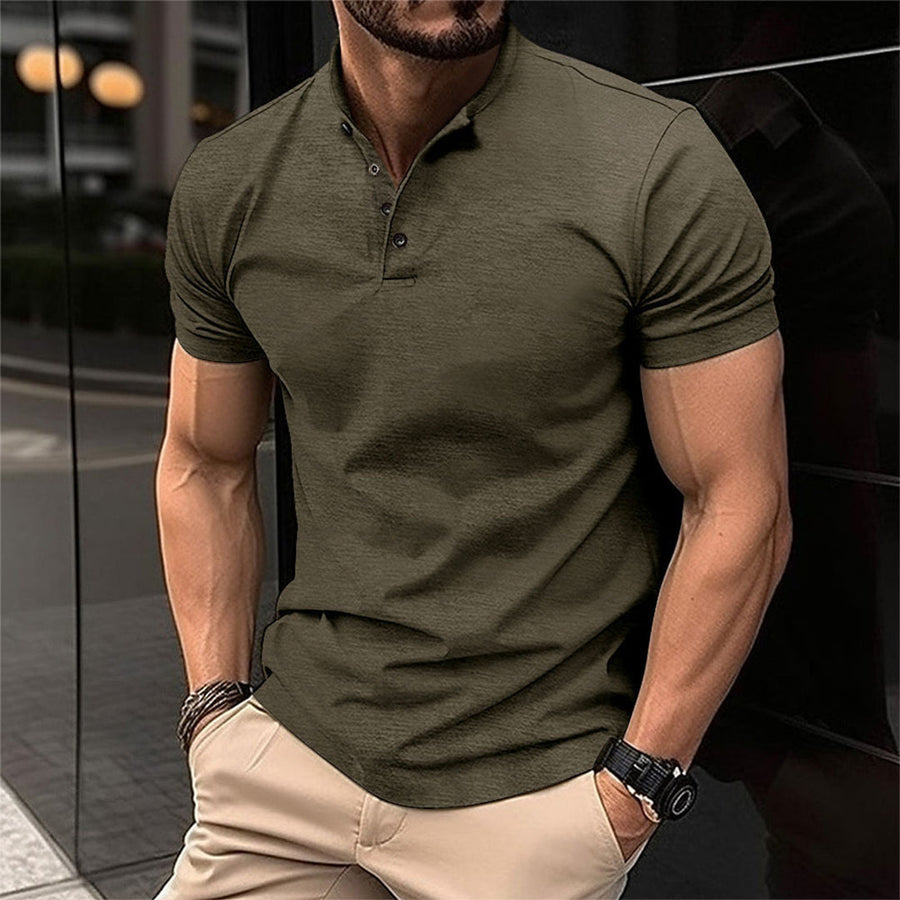 Men's short sleeve textured Henley shirt with band collar and button placket