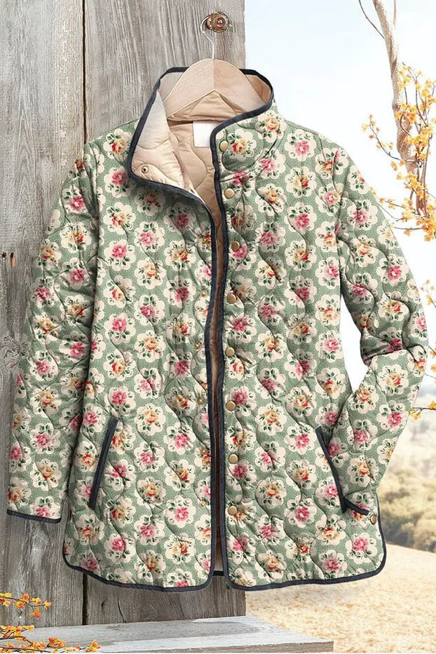 Veste matelassée fleurie patchwork pour femme à boutons-pression sur le devant