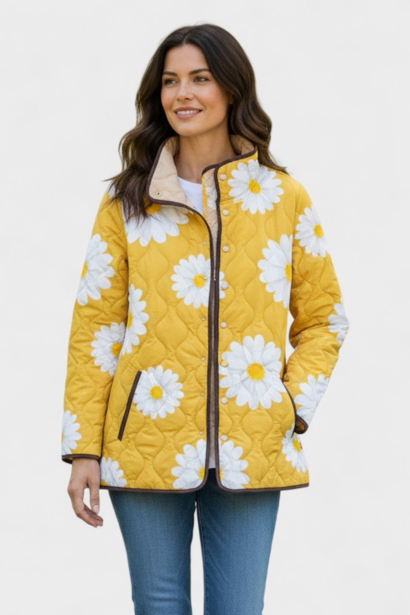 Veste matelassée fleurie patchwork pour femme à boutons-pression sur le devant