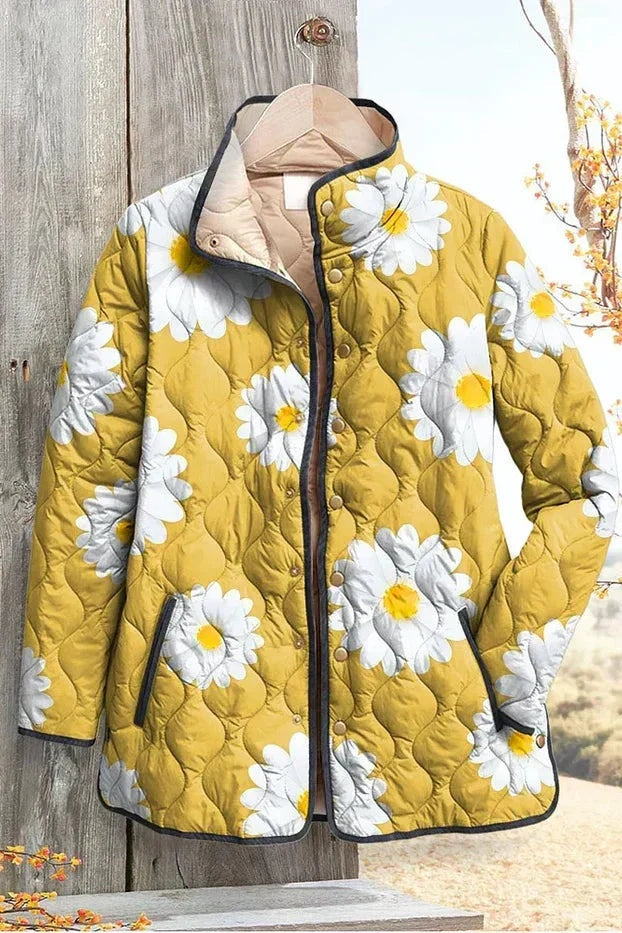Veste matelassée fleurie patchwork pour femme à boutons-pression sur le devant