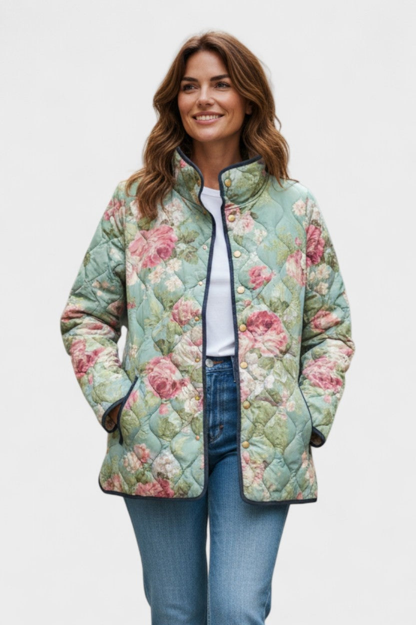 Veste matelassée fleurie patchwork pour femme à boutons-pression sur le devant