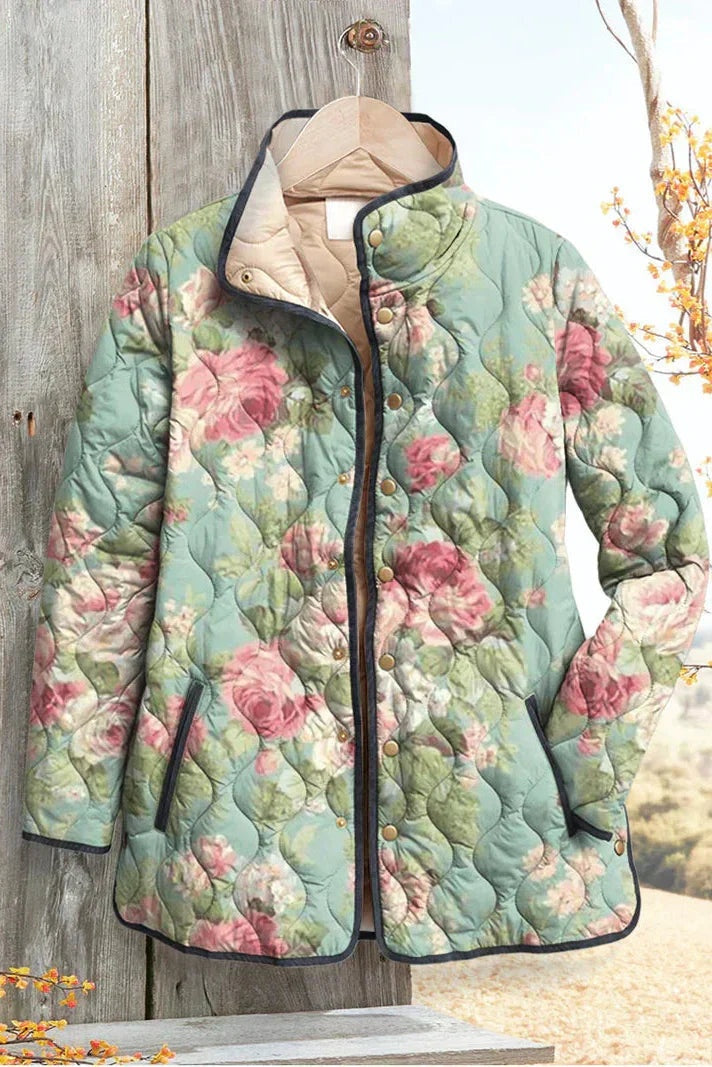 Veste matelassée fleurie patchwork pour femme à boutons-pression sur le devant