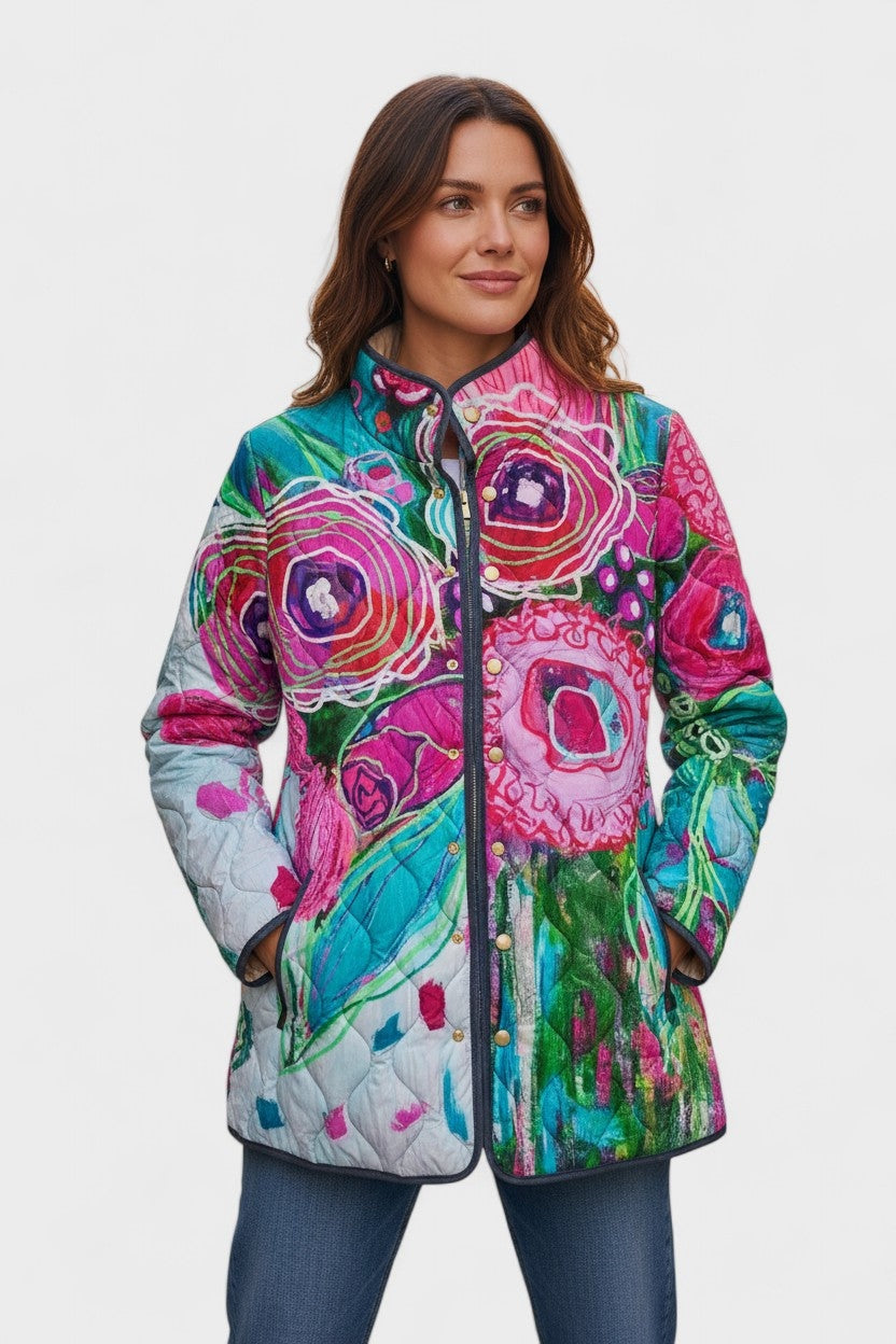 Veste matelassée fleurie patchwork pour femme à boutons-pression sur le devant
