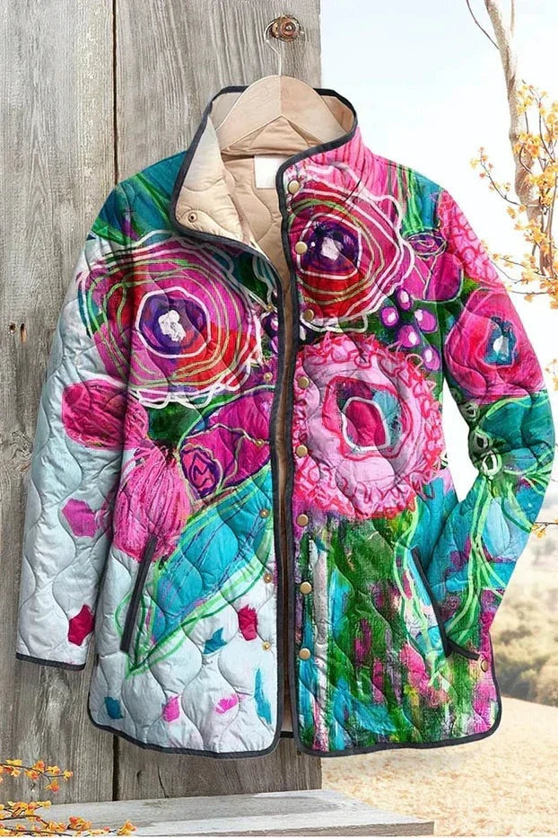 Veste matelassée fleurie patchwork pour femme à boutons-pression sur le devant
