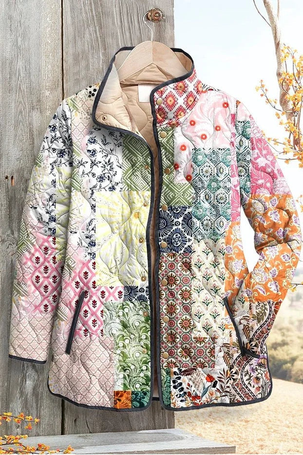 Veste matelassée fleurie patchwork pour femme à boutons-pression sur le devant