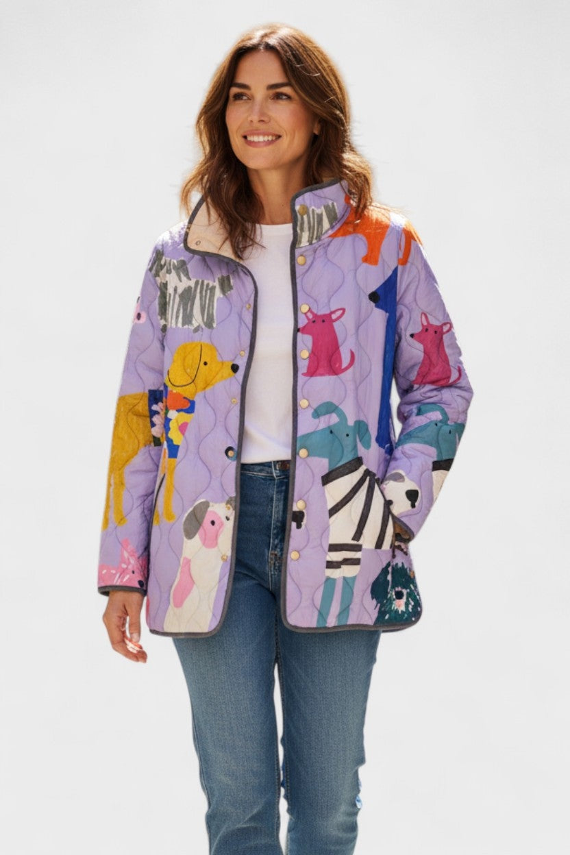 Veste matelassée fleurie patchwork pour femme à boutons-pression sur le devant