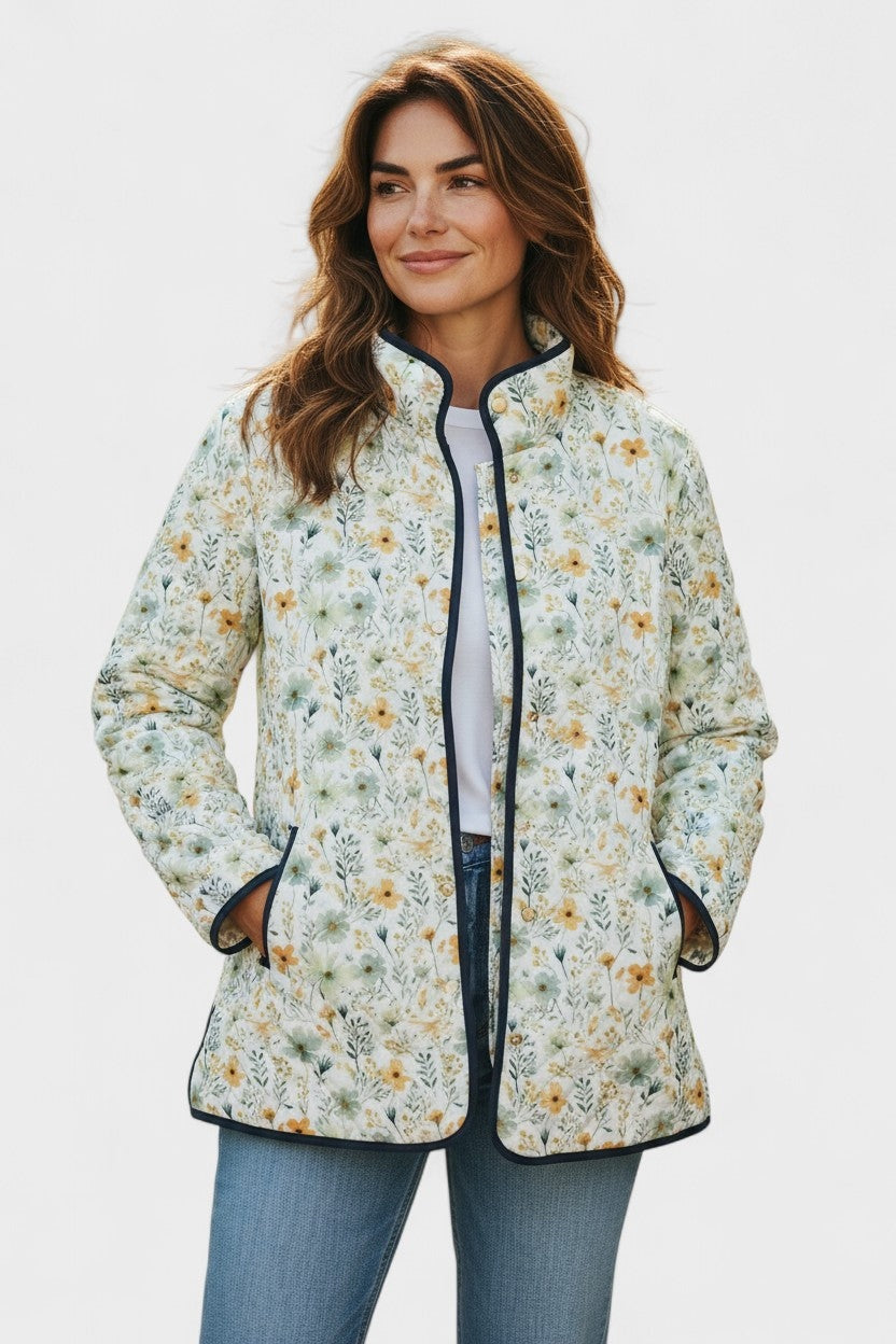 Veste matelassée fleurie patchwork pour femme à boutons-pression sur le devant