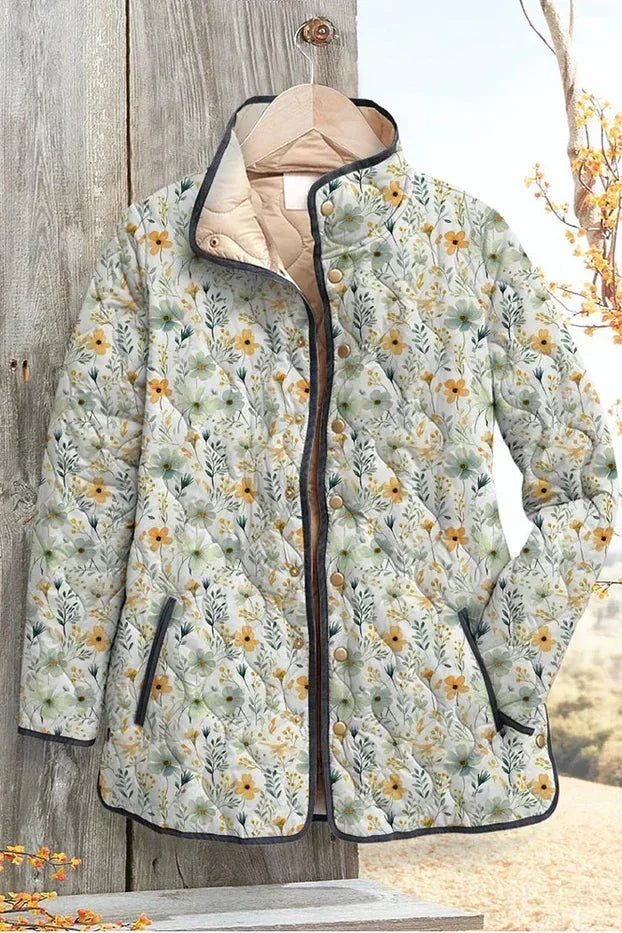 Veste matelassée fleurie patchwork pour femme à boutons-pression sur le devant