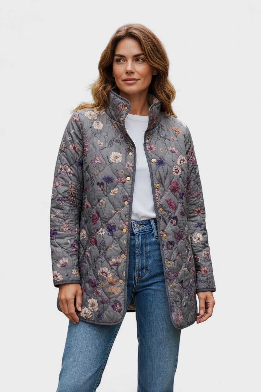 Veste matelassée fleurie patchwork pour femme à boutons-pression sur le devant