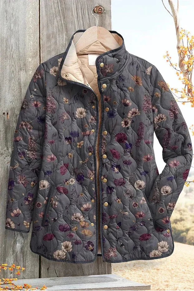 Veste matelassée fleurie patchwork pour femme à boutons-pression sur le devant